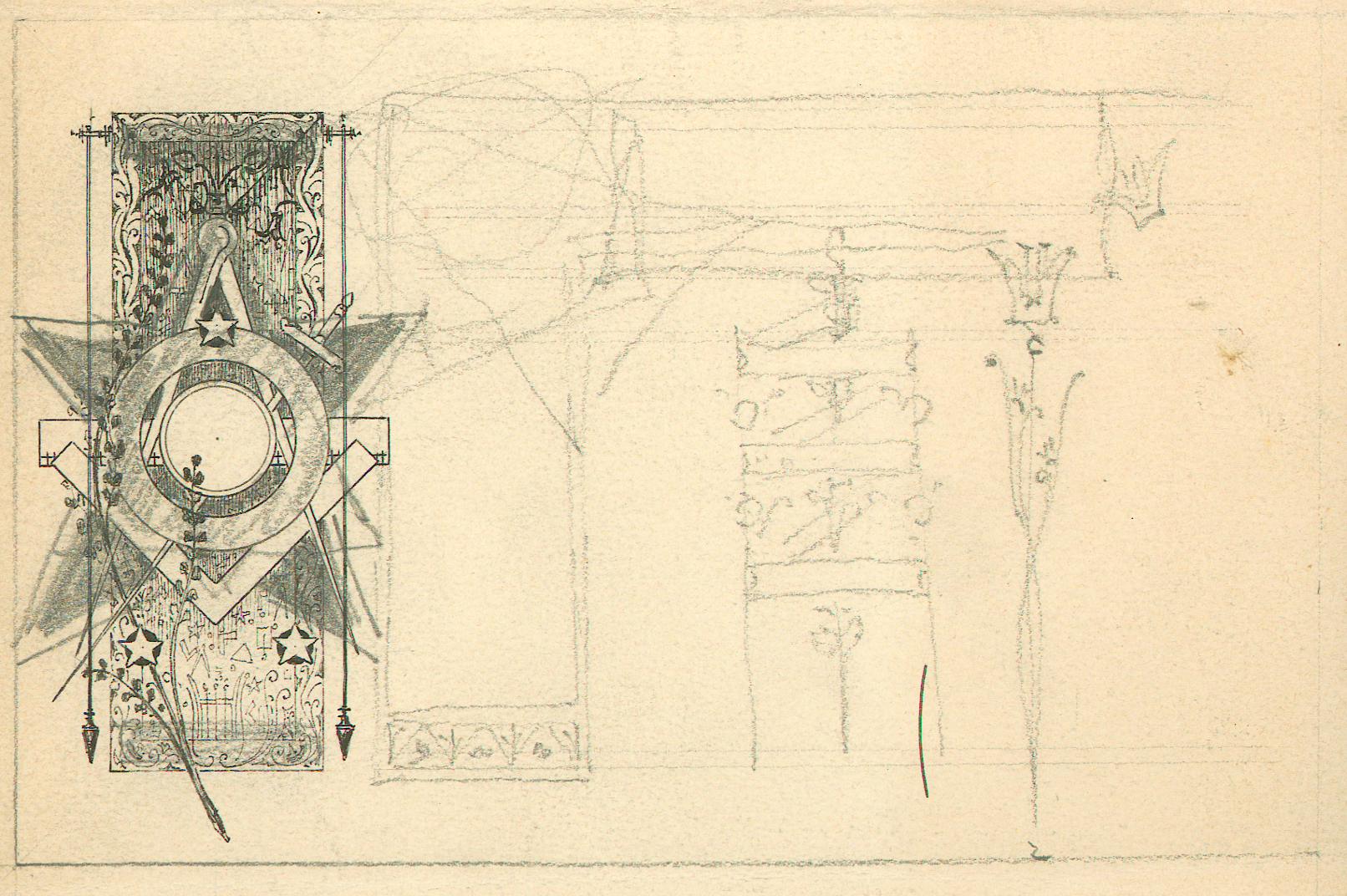 Croquis avec des symboles de la franc-maçonnerie, par Victor Horta